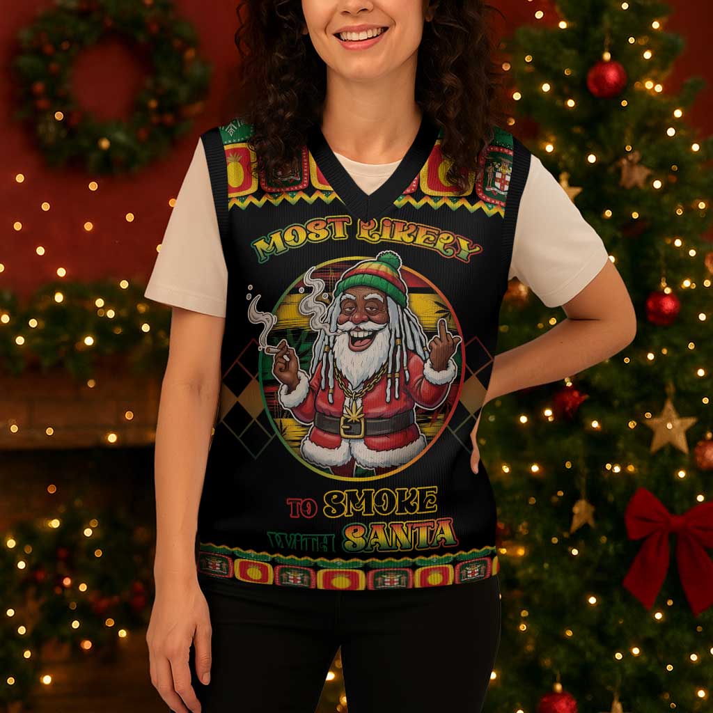 Jamaica Christmas Knitted V-Neck Vest Most Likely To Smoke With Santa - Wonder Print Shop