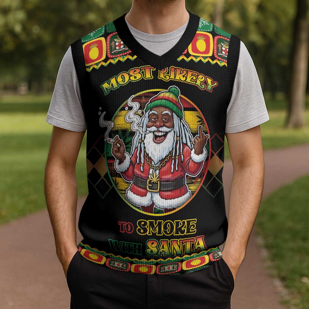 Jamaica Christmas Knitted V-Neck Vest Most Likely To Smoke With Santa - Wonder Print Shop