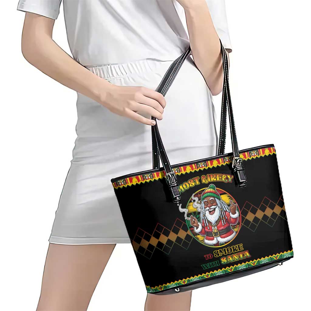 Jamaica Christmas Leather Tote Bag Most Likely To Smoke With Santa - Wonder Print Shop