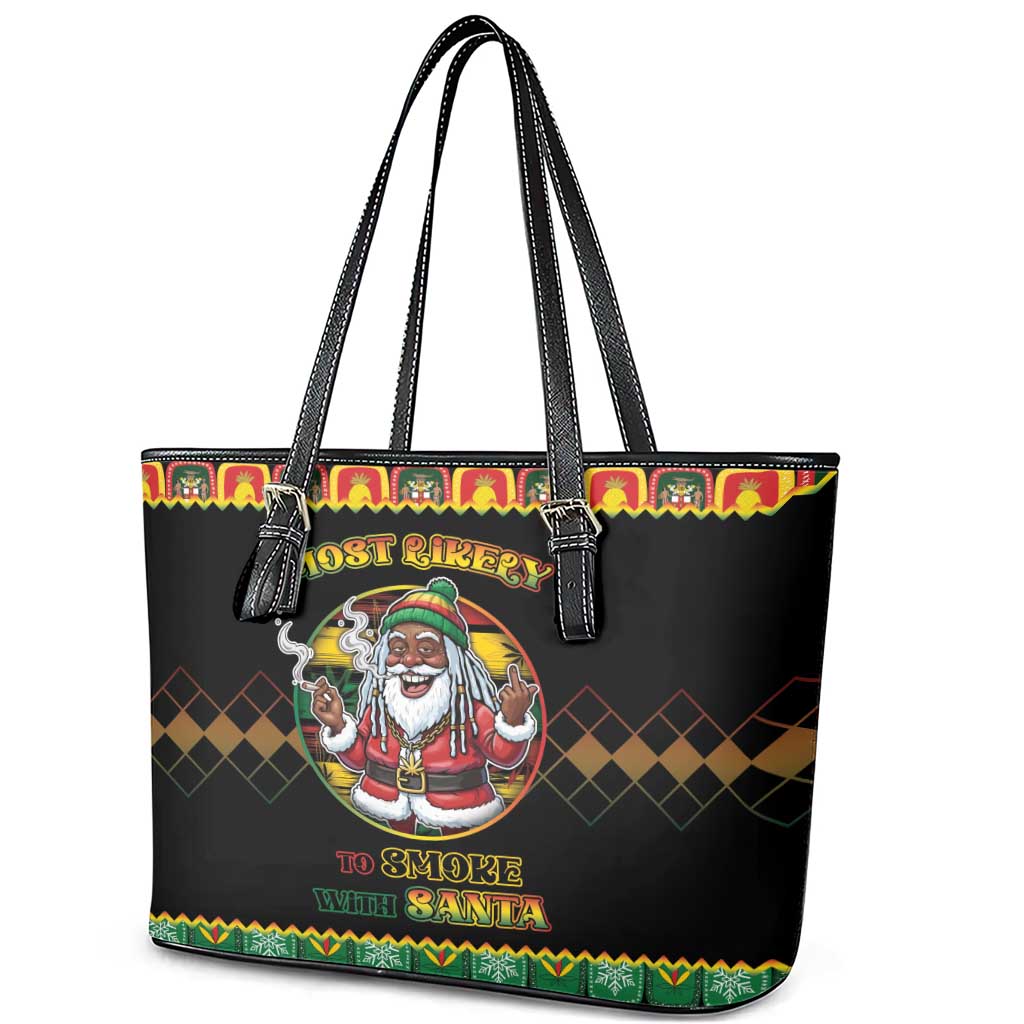 Jamaica Christmas Leather Tote Bag Most Likely To Smoke With Santa - Wonder Print Shop