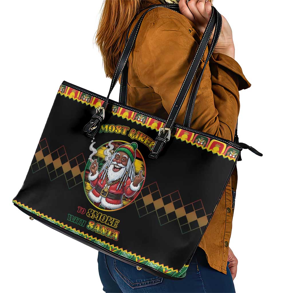 Jamaica Christmas Leather Tote Bag Most Likely To Smoke With Santa - Wonder Print Shop