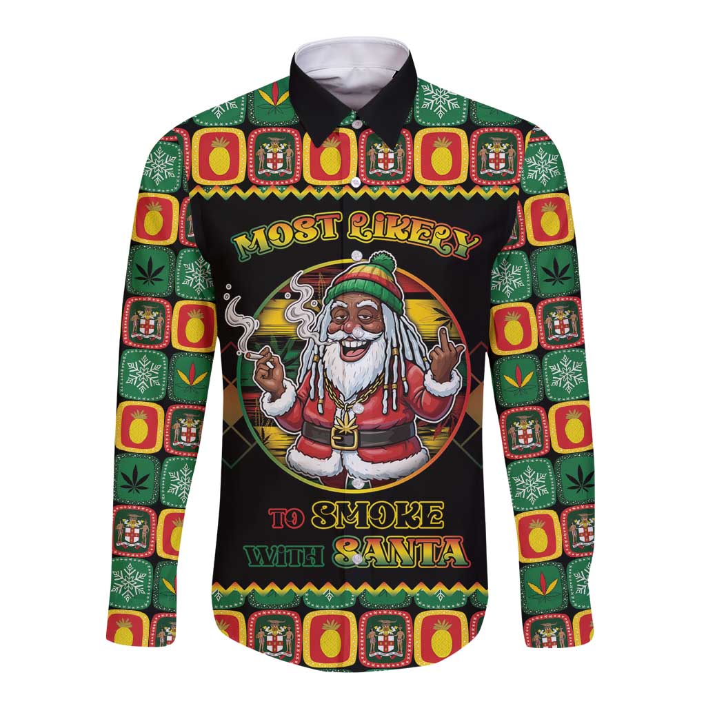 Jamaica Christmas Long Sleeve Button Shirt Most Likely To Smoke With Santa - Wonder Print Shop