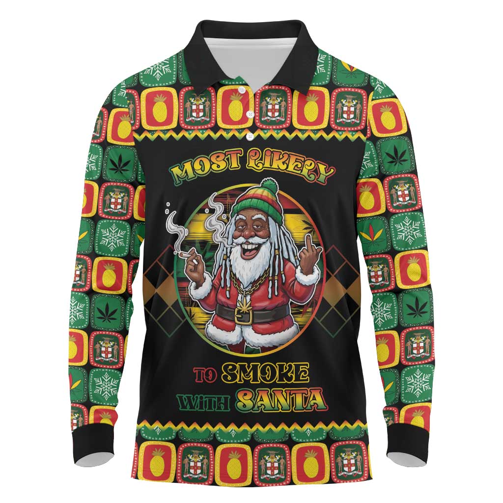 Jamaica Christmas Long Sleeve Polo Shirt Most Likely To Smoke With Santa - Wonder Print Shop