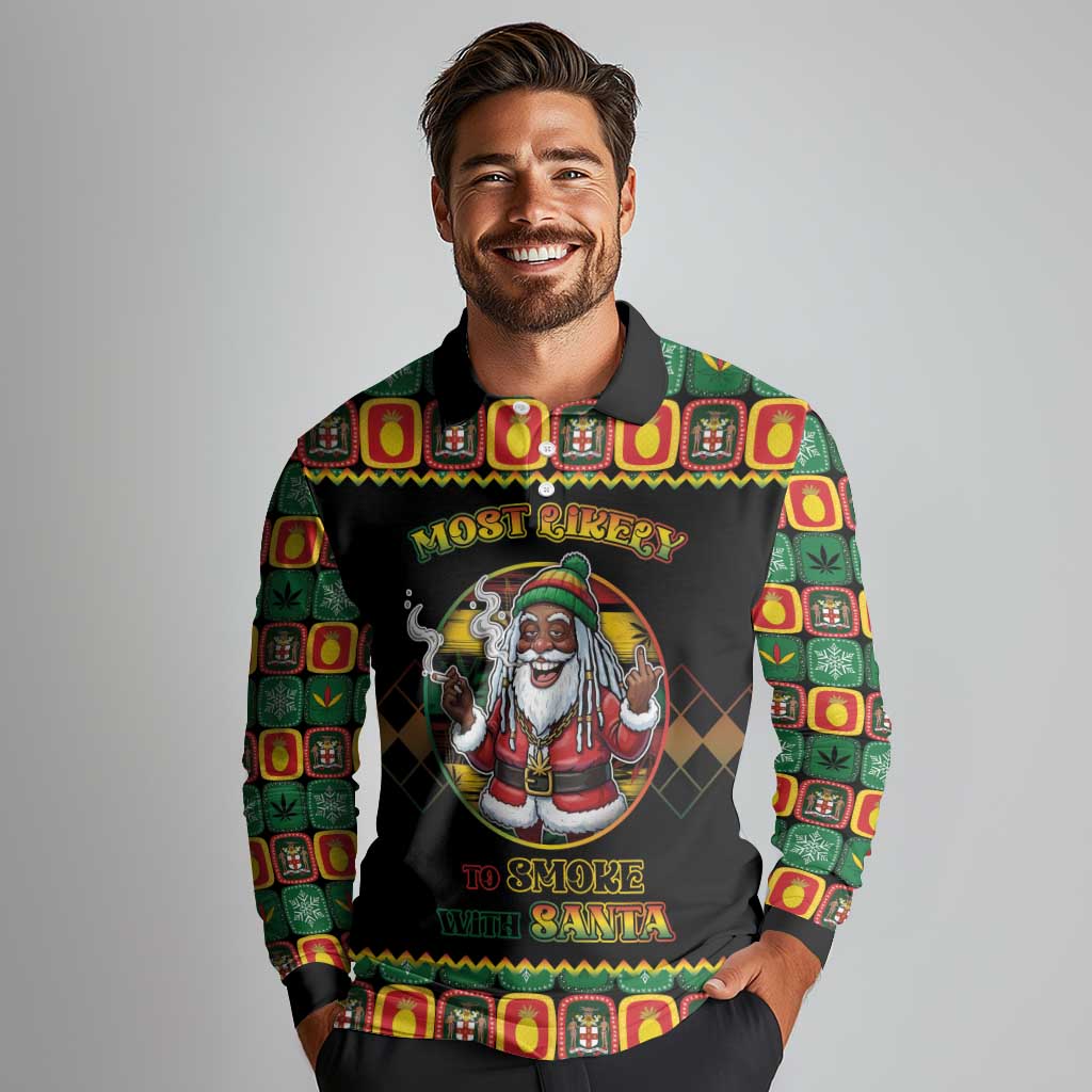 Jamaica Christmas Long Sleeve Polo Shirt Most Likely To Smoke With Santa - Wonder Print Shop
