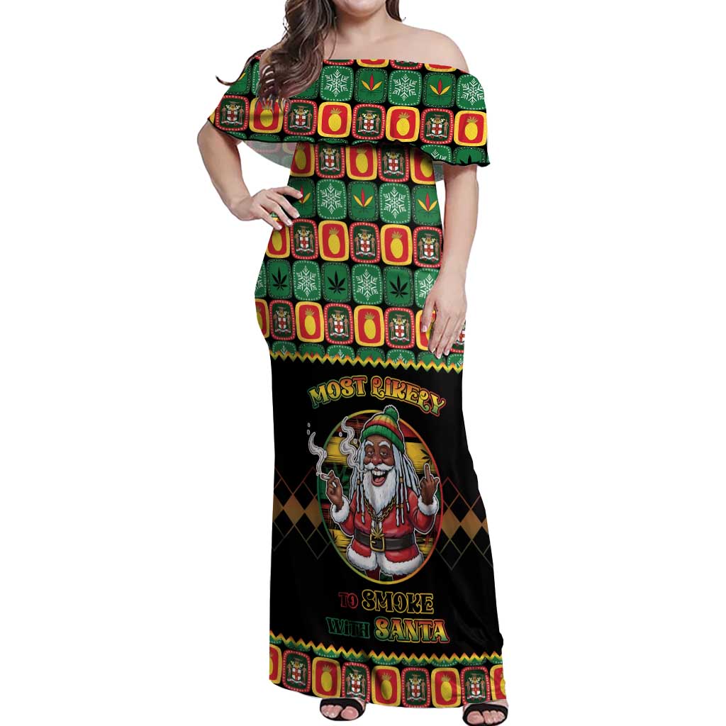 Jamaica Christmas Off Shoulder Maxi Dress Most Likely To Smoke With Santa - Wonder Print Shop