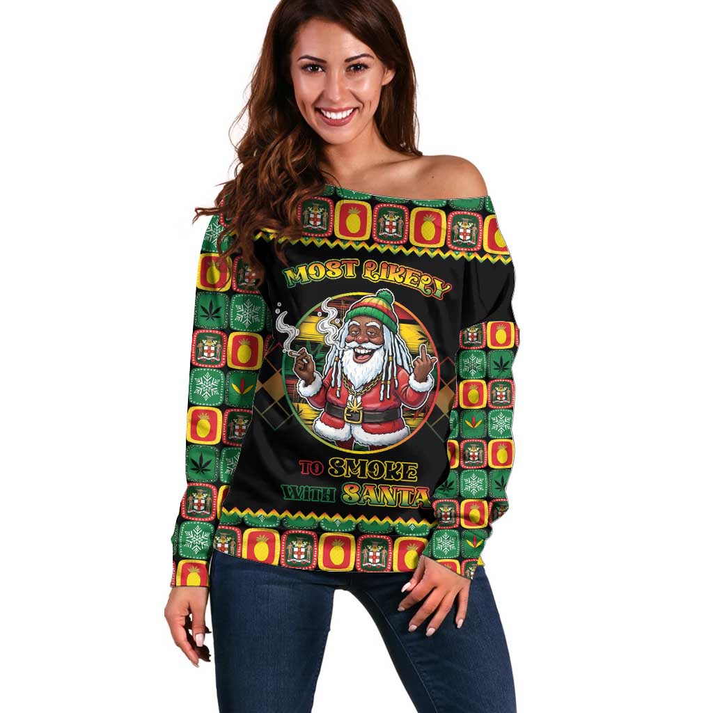 Jamaica Christmas Off Shoulder Sweater Most Likely To Smoke With Santa - Wonder Print Shop