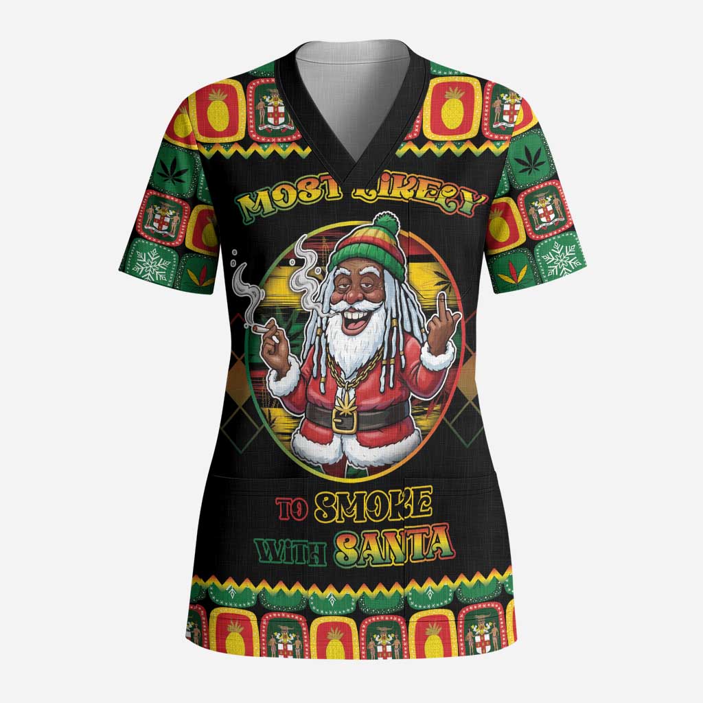 Jamaica Christmas Scrub Top Most Likely To Smoke With Santa - Wonder Print Shop