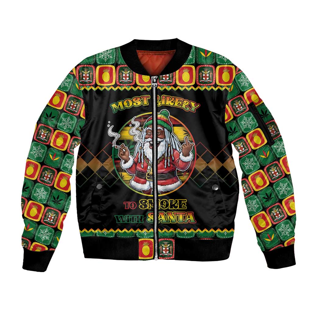 Jamaica Christmas Sleeve Zip Bomber Jacket Most Likely To Smoke With Santa - Wonder Print Shop