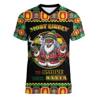 Jamaica Christmas Women V-Neck T-Shirt Most Likely To Smoke With Santa - Wonder Print Shop