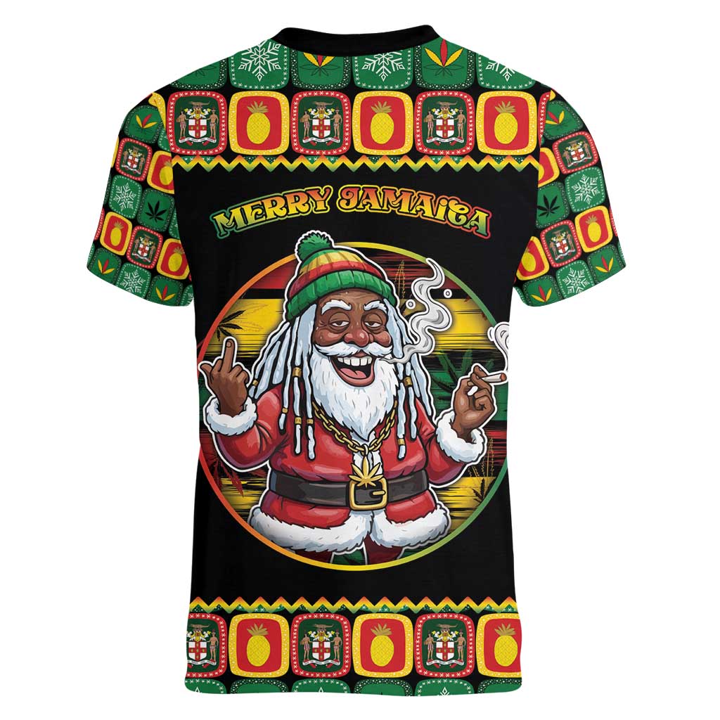 Jamaica Christmas Women V-Neck T-Shirt Most Likely To Smoke With Santa - Wonder Print Shop