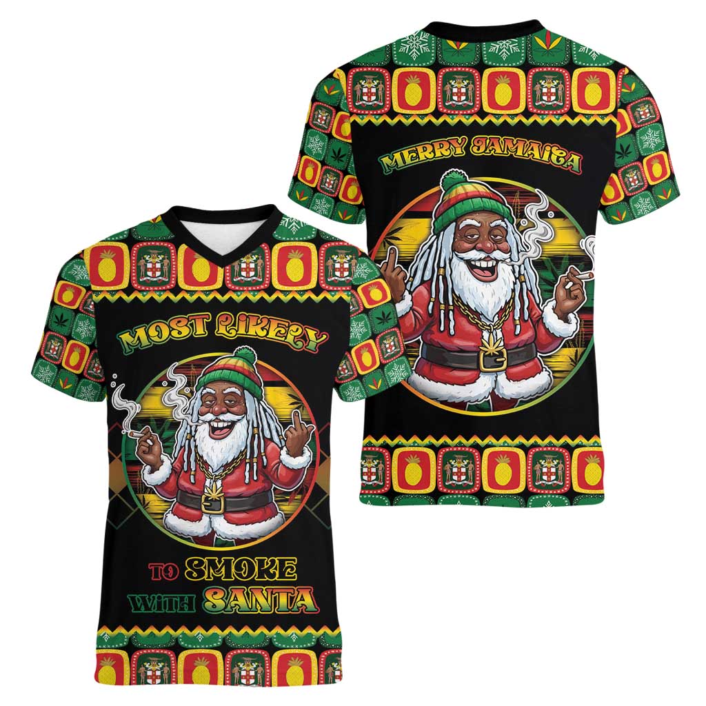 Jamaica Christmas Women V-Neck T-Shirt Most Likely To Smoke With Santa - Wonder Print Shop