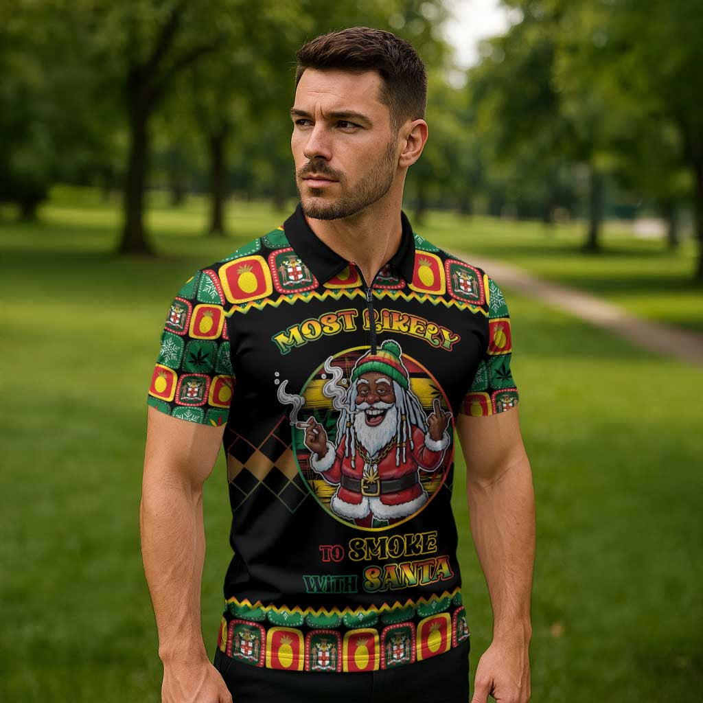 Jamaica Christmas Zipper Polo Shirt Most Likely To Smoke With Santa - Wonder Print Shop