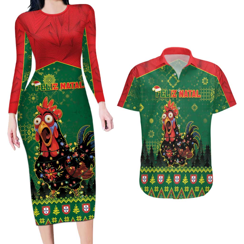 Portugal Christmas Couples Matching Long Sleeve Bodycon Dress and Hawaiian Shirt Funny Galo De Barcelos - Wonder Print Shop