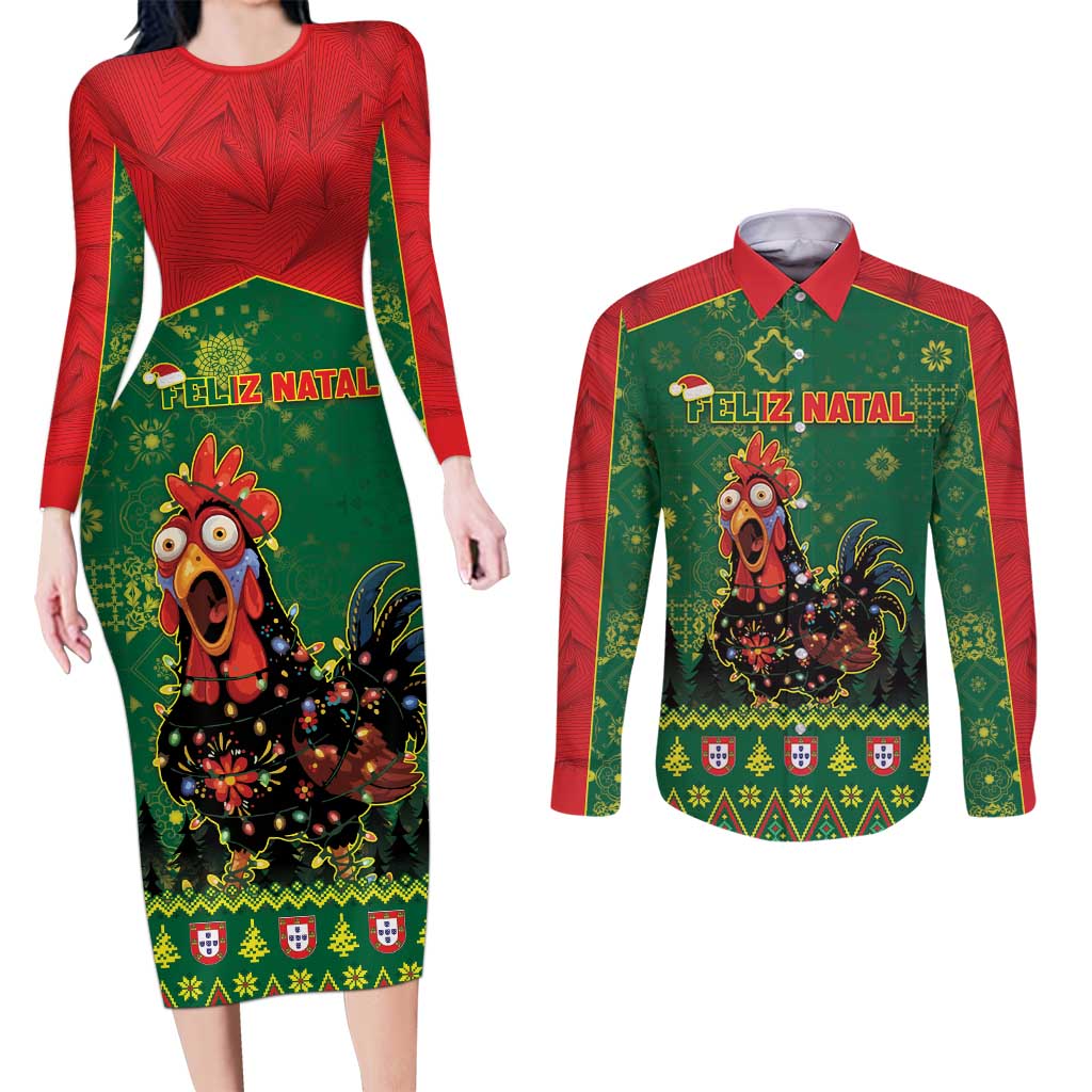 Portugal Christmas Couples Matching Long Sleeve Bodycon Dress and Long Sleeve Button Shirt Funny Galo De Barcelos - Wonder Print Shop