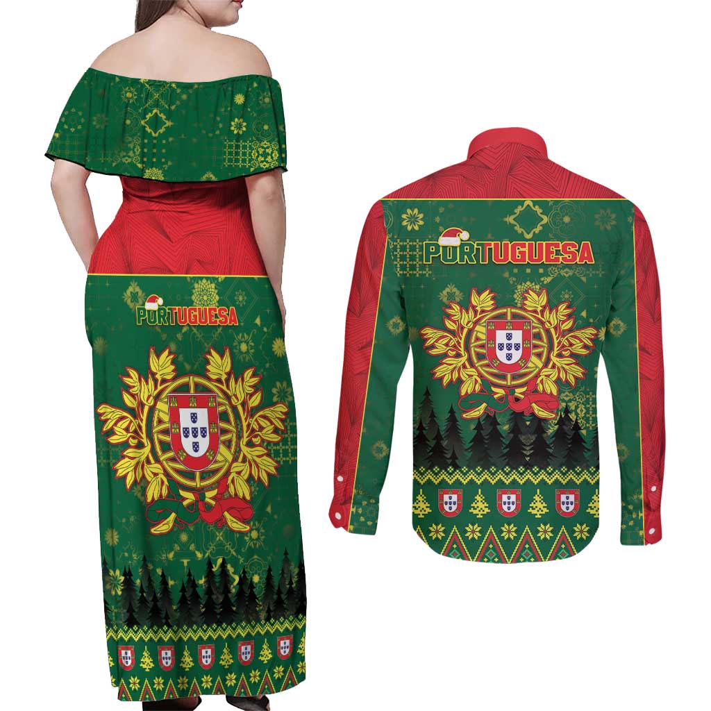 Portugal Christmas Couples Matching Off Shoulder Maxi Dress and Long Sleeve Button Shirt Funny Galo De Barcelos - Wonder Print Shop