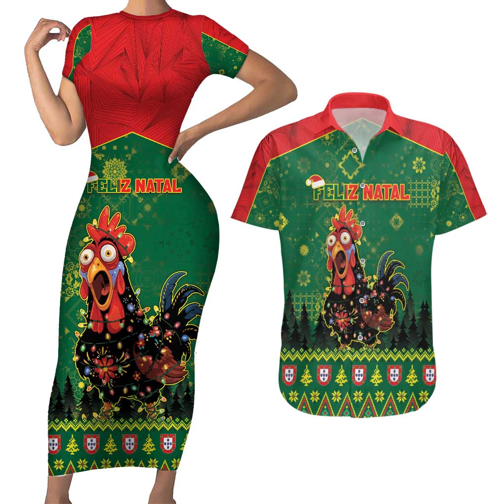 Portugal Christmas Couples Matching Short Sleeve Bodycon Dress and Hawaiian Shirt Funny Galo De Barcelos - Wonder Print Shop