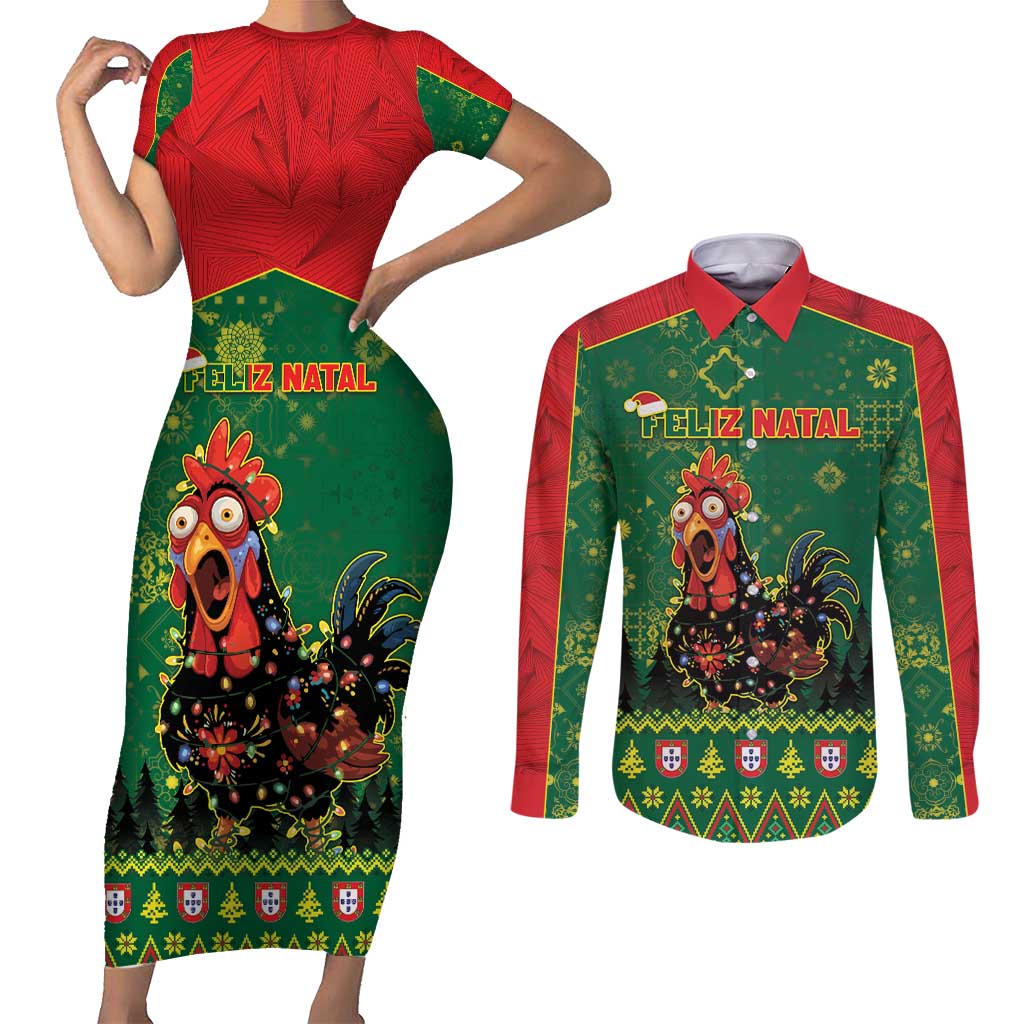 Portugal Christmas Couples Matching Short Sleeve Bodycon Dress and Long Sleeve Button Shirt Funny Galo De Barcelos - Wonder Print Shop