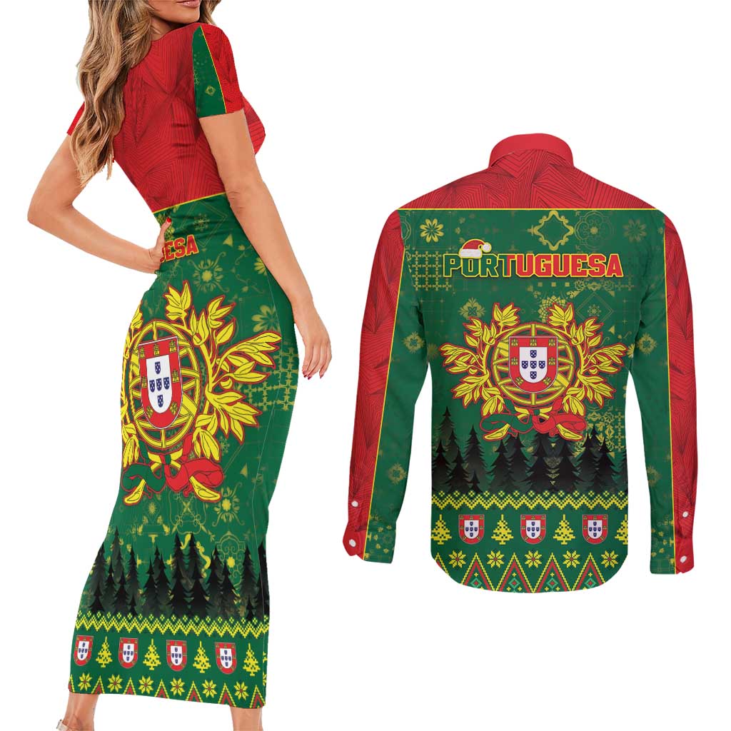 Portugal Christmas Couples Matching Short Sleeve Bodycon Dress and Long Sleeve Button Shirt Funny Galo De Barcelos - Wonder Print Shop