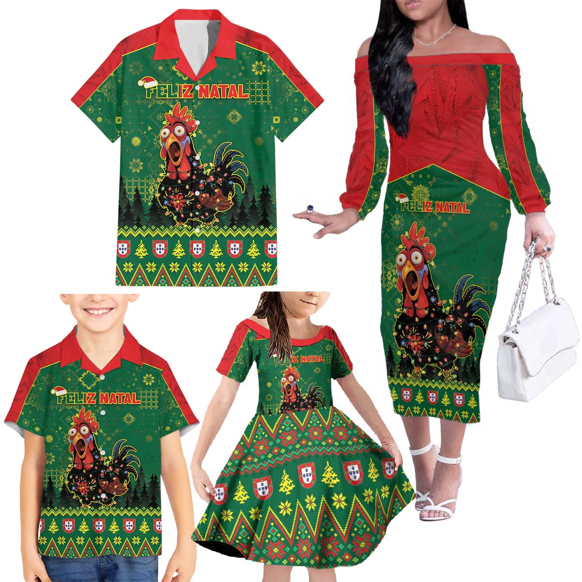 Portugal Christmas Family Matching Off The Shoulder Long Sleeve Dress and Hawaiian Shirt Funny Galo De Barcelos - Wonder Print Shop