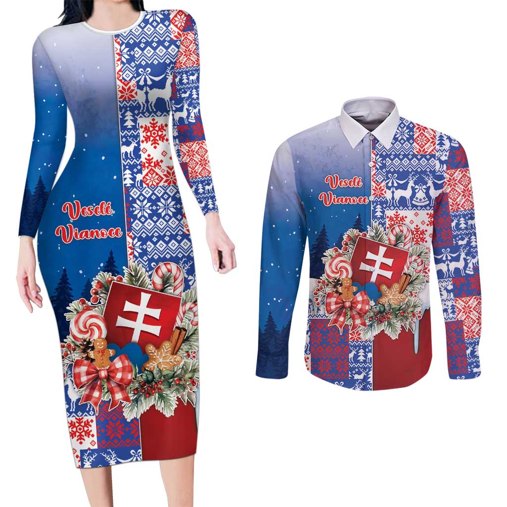 Slovakia Christmas Couples Matching Long Sleeve Bodycon Dress and Long Sleeve Button Shirt Vesale Vianoce Xmas Pattern - Wonder Print Shop