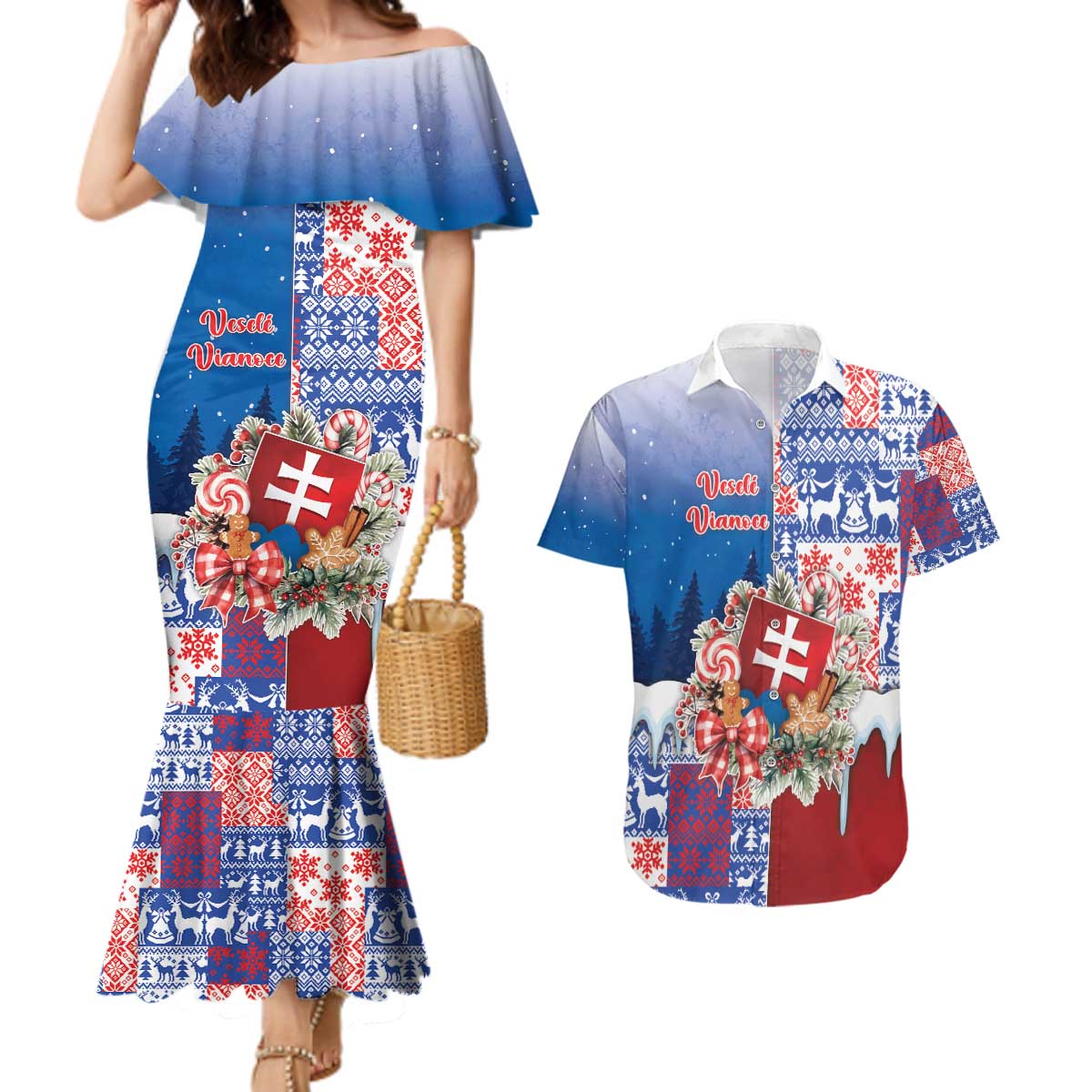 Slovakia Christmas Couples Matching Mermaid Dress and Hawaiian Shirt Vesale Vianoce Xmas Pattern - Wonder Print Shop