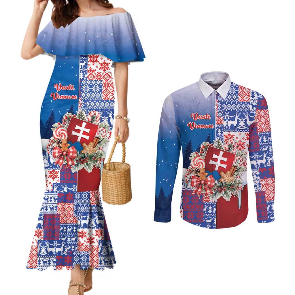 Slovakia Christmas Couples Matching Mermaid Dress and Long Sleeve Button Shirt Vesale Vianoce Xmas Pattern - Wonder Print Shop