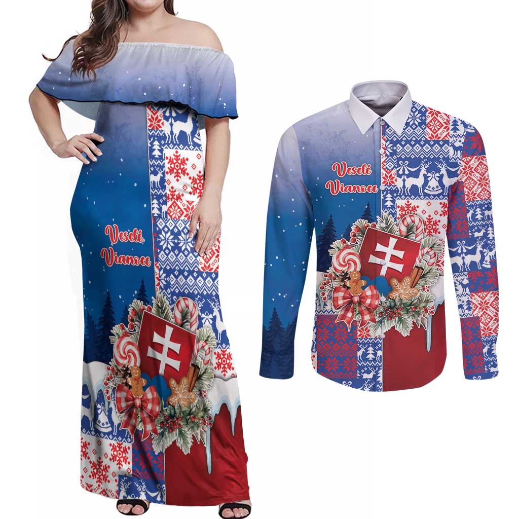 Slovakia Christmas Couples Matching Off Shoulder Maxi Dress and Long Sleeve Button Shirt Vesale Vianoce Xmas Pattern - Wonder Print Shop