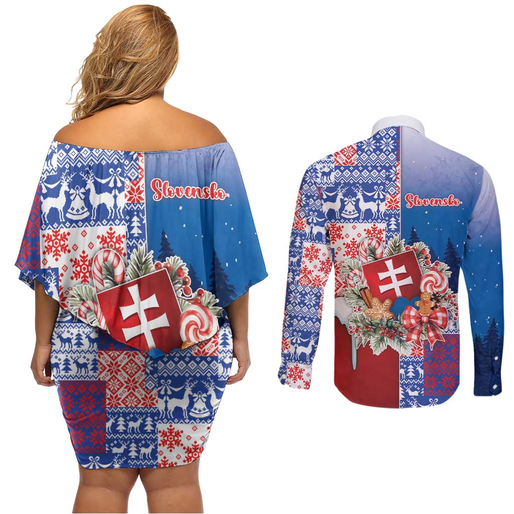 Slovakia Christmas Couples Matching Off Shoulder Short Dress and Long Sleeve Button Shirt Vesale Vianoce Xmas Pattern - Wonder Print Shop