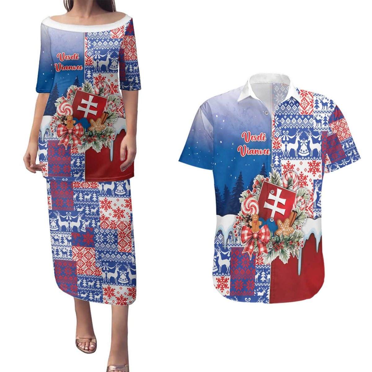 Slovakia Christmas Couples Matching Puletasi and Hawaiian Shirt Vesale Vianoce Xmas Pattern - Wonder Print Shop