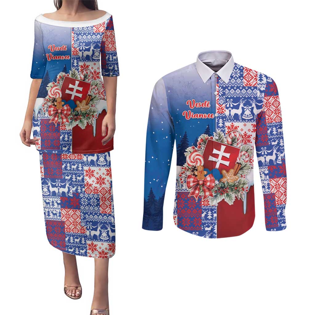 Slovakia Christmas Couples Matching Puletasi and Long Sleeve Button Shirt Vesale Vianoce Xmas Pattern - Wonder Print Shop
