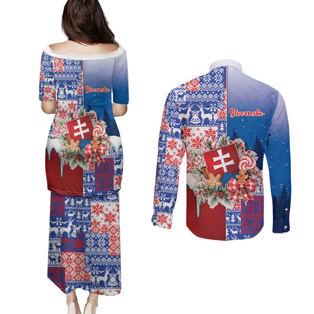 Slovakia Christmas Couples Matching Puletasi and Long Sleeve Button Shirt Vesale Vianoce Xmas Pattern - Wonder Print Shop