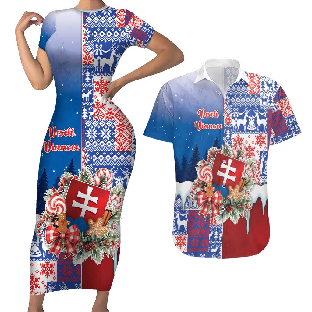 Slovakia Christmas Couples Matching Short Sleeve Bodycon Dress and Hawaiian Shirt Vesale Vianoce Xmas Pattern - Wonder Print Shop