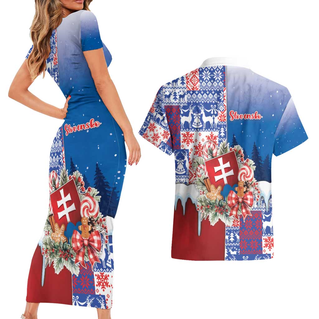 Slovakia Christmas Couples Matching Short Sleeve Bodycon Dress and Hawaiian Shirt Vesale Vianoce Xmas Pattern - Wonder Print Shop