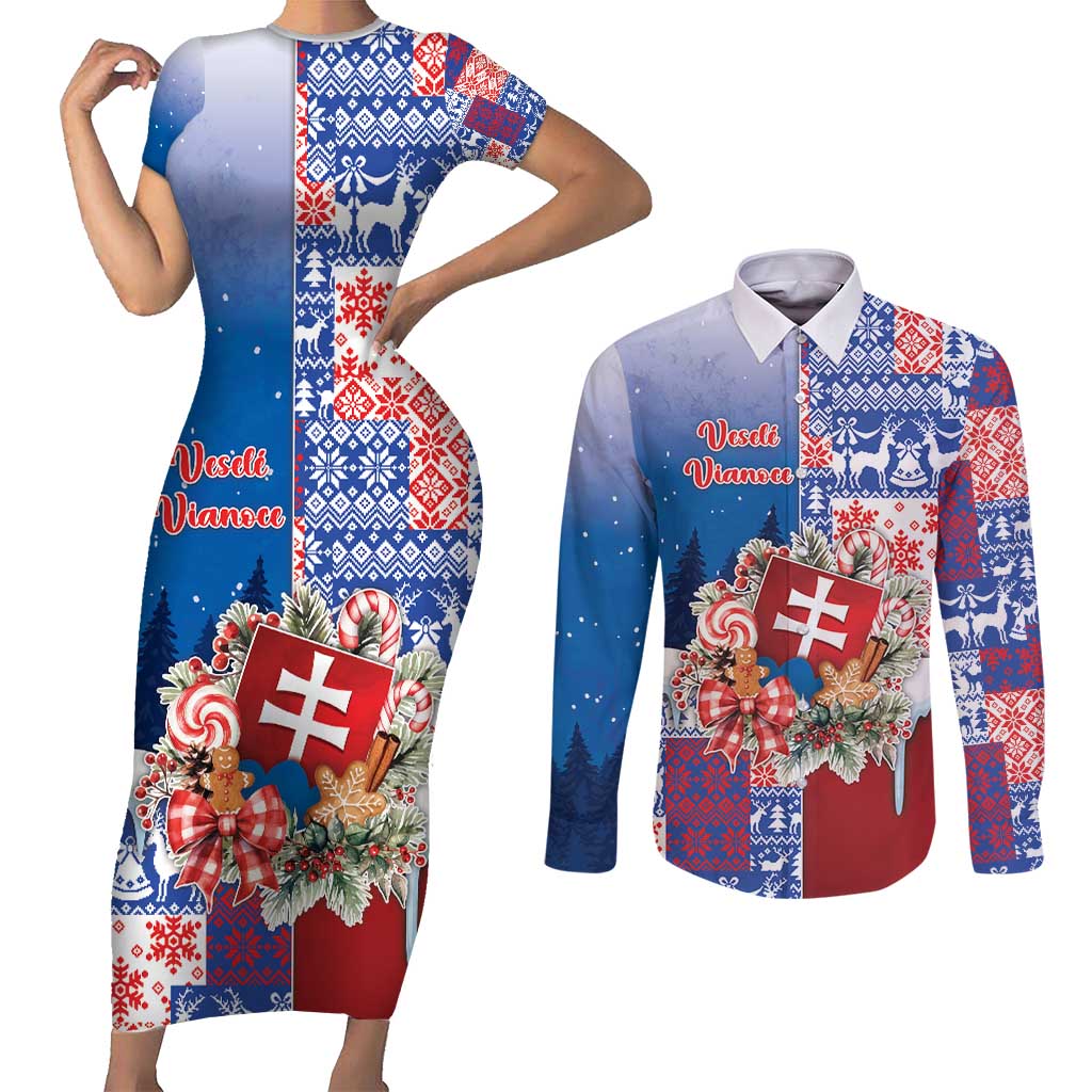 Slovakia Christmas Couples Matching Short Sleeve Bodycon Dress and Long Sleeve Button Shirt Vesale Vianoce Xmas Pattern - Wonder Print Shop