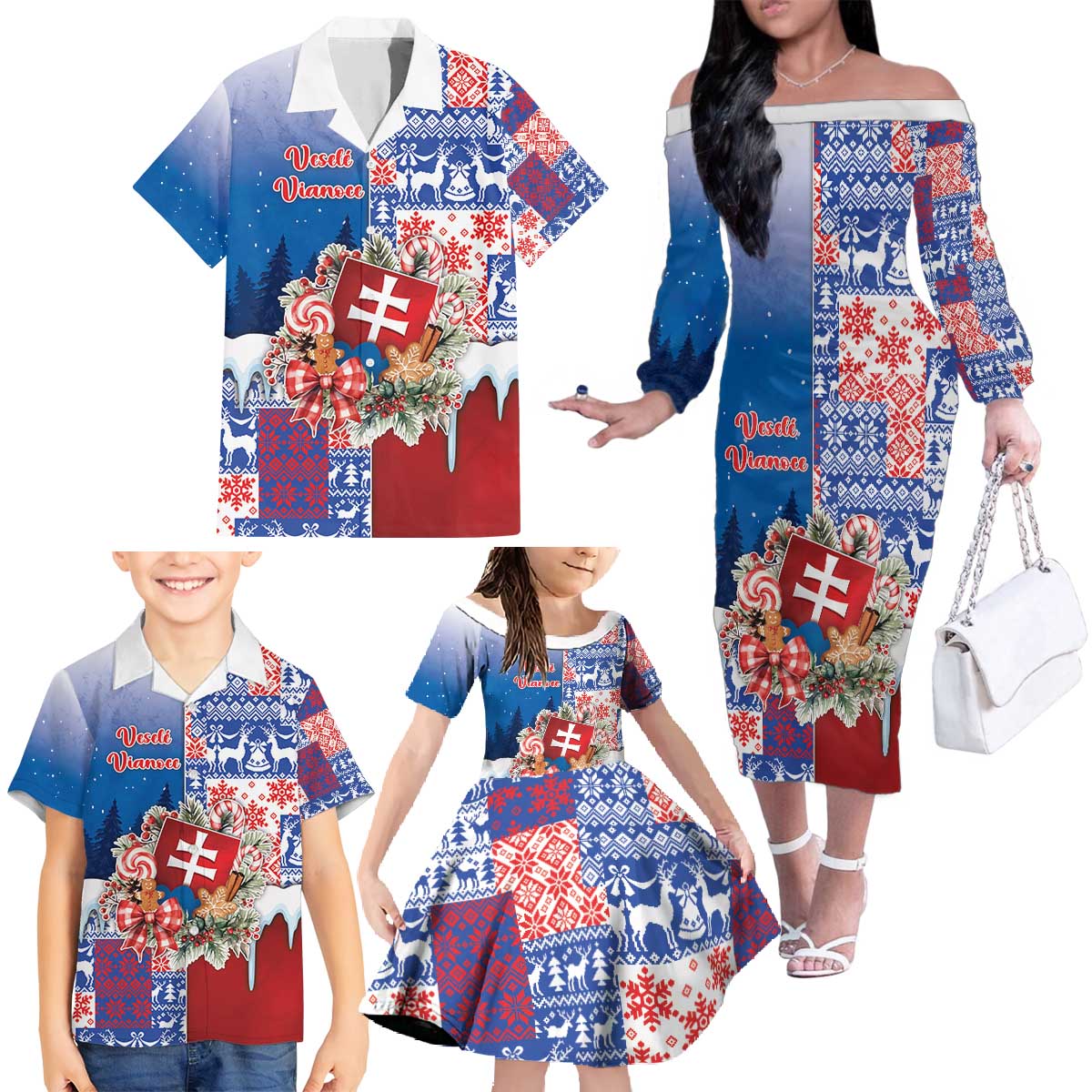 Slovakia Christmas Family Matching Off The Shoulder Long Sleeve Dress and Hawaiian Shirt Vesale Vianoce Xmas Pattern - Wonder Print Shop