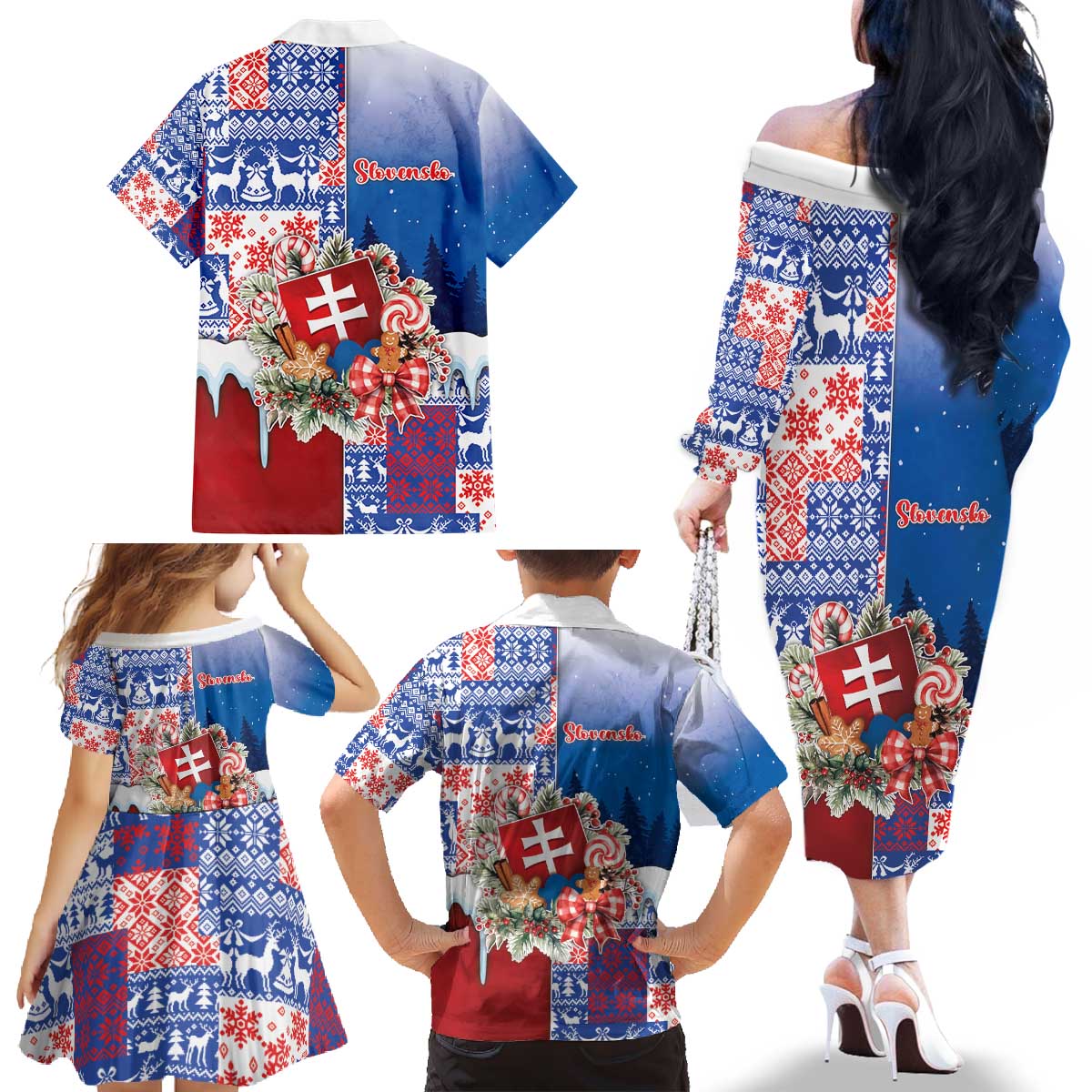 Slovakia Christmas Family Matching Off The Shoulder Long Sleeve Dress and Hawaiian Shirt Vesale Vianoce Xmas Pattern - Wonder Print Shop