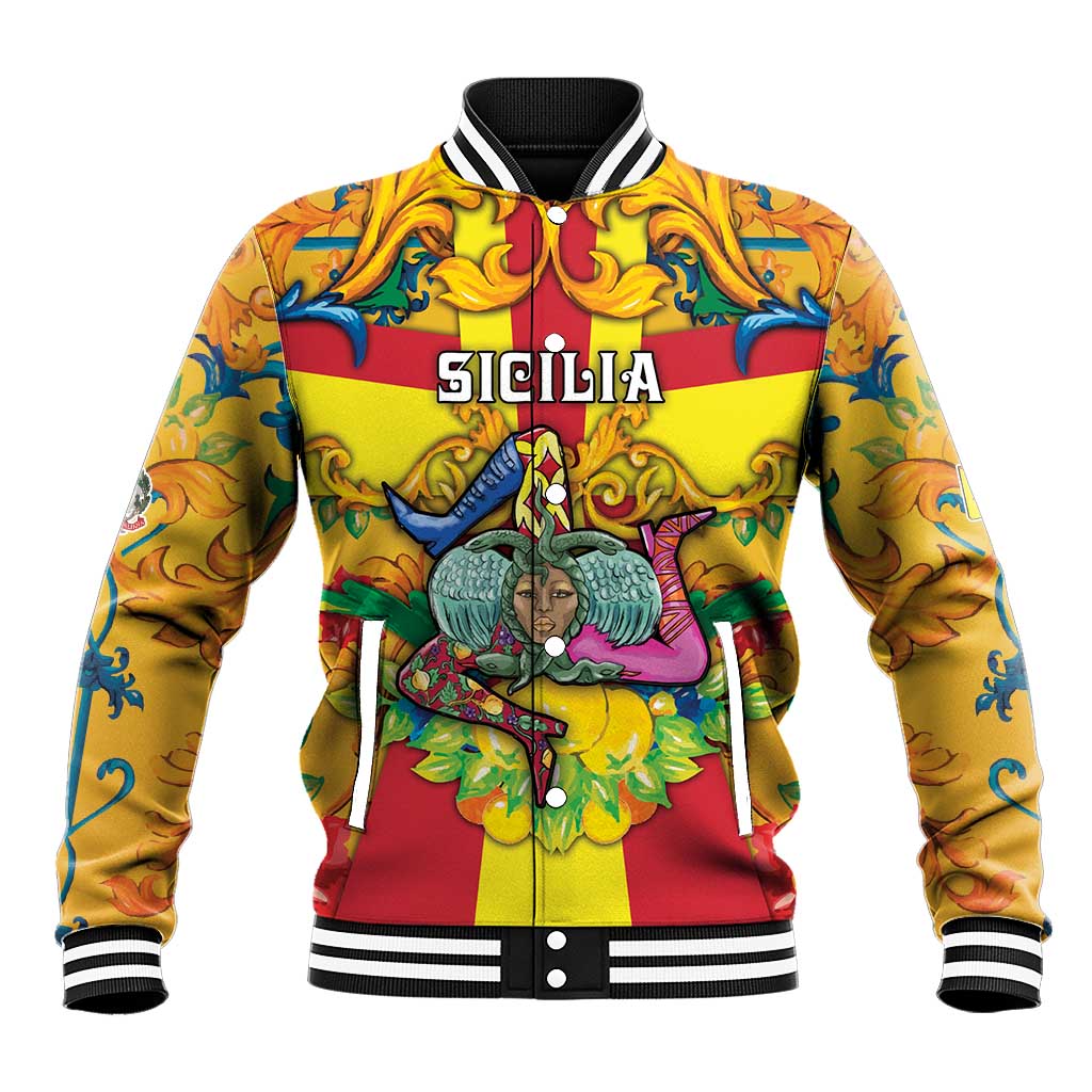 Personalized Italy Sicily Baseball Jacket Gorgoneion Baroque Patterns - Wonder Print Shop