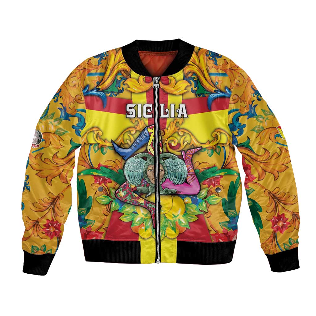 Personalized Italy Sicily Bomber Jacket Gorgoneion Baroque Patterns - Wonder Print Shop