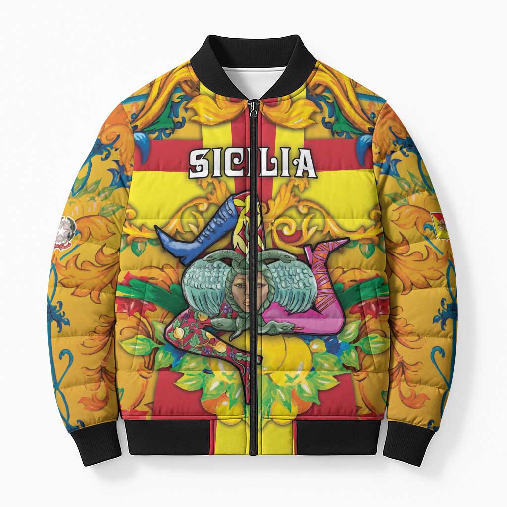 Personalized Italy Sicily Bomber Puffer Jacket Gorgoneion Baroque Patterns - Wonder Print Shop