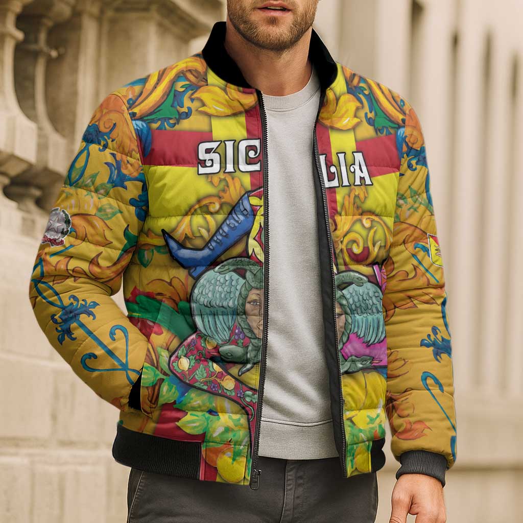 Personalized Italy Sicily Bomber Puffer Jacket Gorgoneion Baroque Patterns - Wonder Print Shop