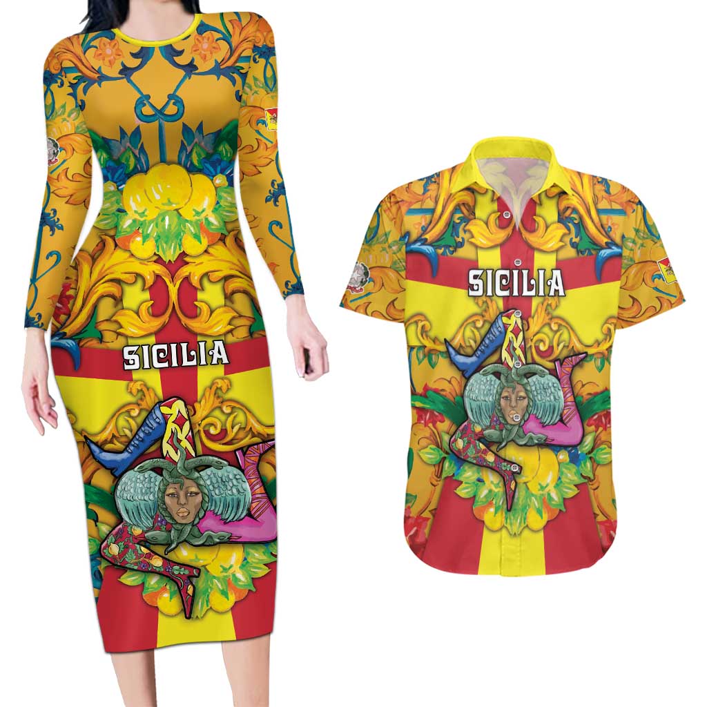 Personalized Italy Sicily Couples Matching Long Sleeve Bodycon Dress and Hawaiian Shirt Gorgoneion Baroque Patterns - Wonder Print Shop