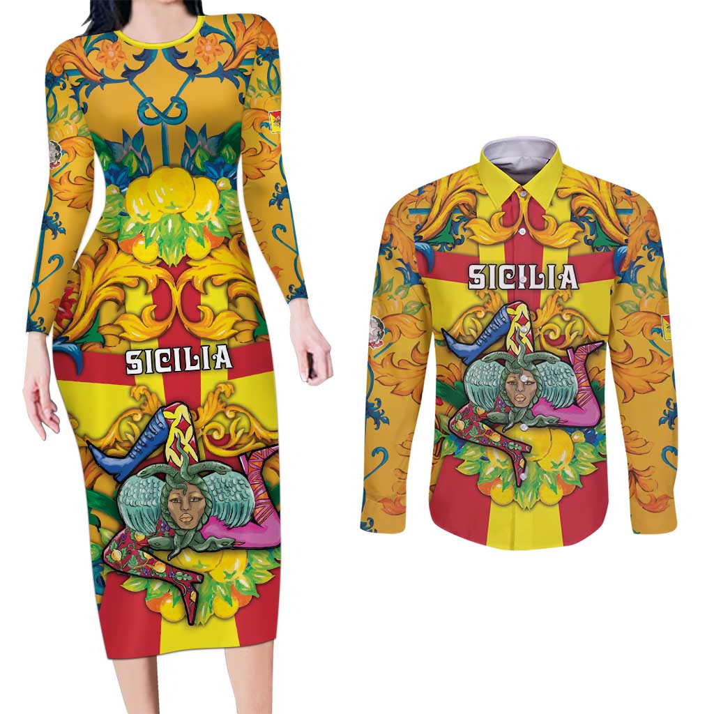 Personalized Italy Sicily Couples Matching Long Sleeve Bodycon Dress and Long Sleeve Button Shirt Gorgoneion Baroque Patterns - Wonder Print Shop