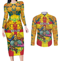 Personalized Italy Sicily Couples Matching Long Sleeve Bodycon Dress and Long Sleeve Button Shirt Gorgoneion Baroque Patterns - Wonder Print Shop