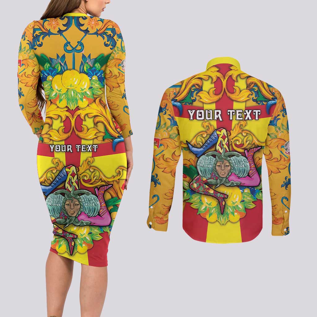 Personalized Italy Sicily Couples Matching Long Sleeve Bodycon Dress and Long Sleeve Button Shirt Gorgoneion Baroque Patterns - Wonder Print Shop