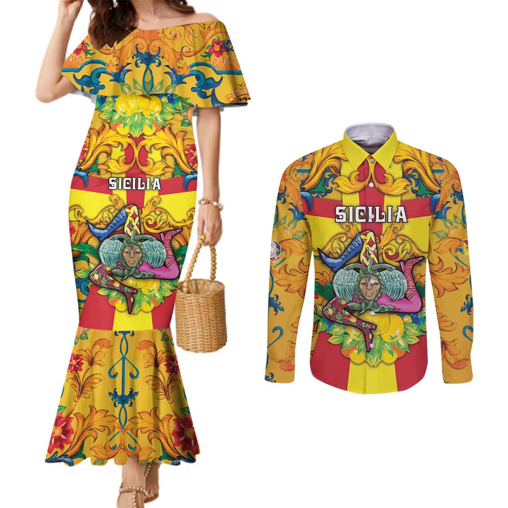Personalized Italy Sicily Couples Matching Mermaid Dress and Long Sleeve Button Shirt Gorgoneion Baroque Patterns - Wonder Print Shop