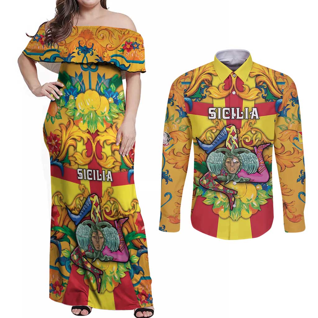 Personalized Italy Sicily Couples Matching Off Shoulder Maxi Dress and Long Sleeve Button Shirt Gorgoneion Baroque Patterns - Wonder Print Shop