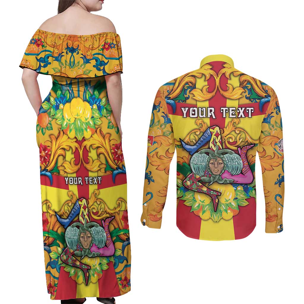 Personalized Italy Sicily Couples Matching Off Shoulder Maxi Dress and Long Sleeve Button Shirt Gorgoneion Baroque Patterns - Wonder Print Shop