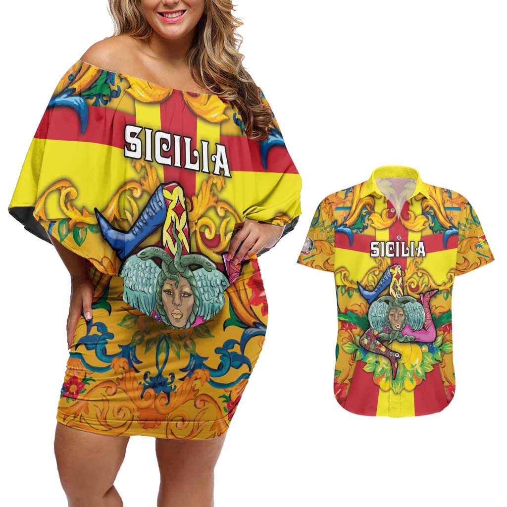 Personalized Italy Sicily Couples Matching Off Shoulder Short Dress and Hawaiian Shirt Gorgoneion Baroque Patterns - Wonder Print Shop