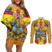 Personalized Italy Sicily Couples Matching Off Shoulder Short Dress and Long Sleeve Button Shirt Gorgoneion Baroque Patterns - Wonder Print Shop