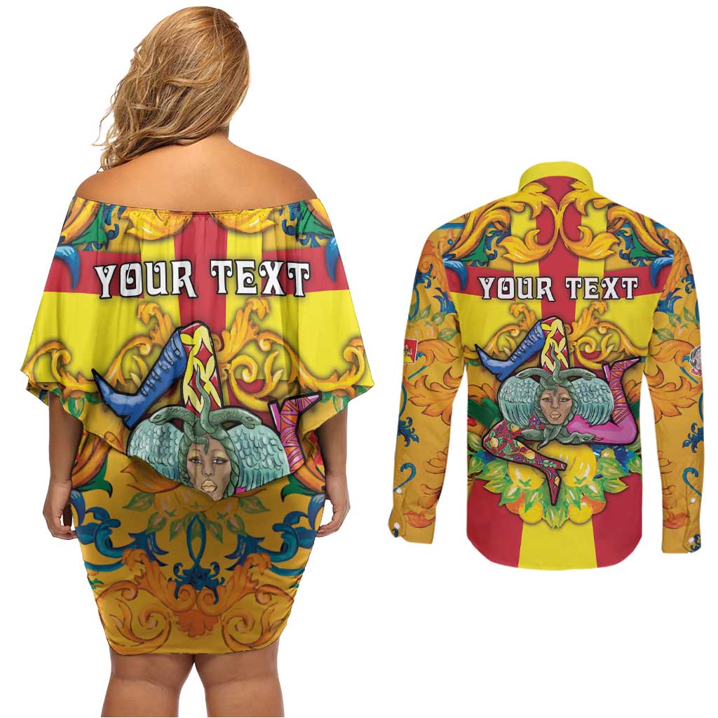 Personalized Italy Sicily Couples Matching Off Shoulder Short Dress and Long Sleeve Button Shirt Gorgoneion Baroque Patterns - Wonder Print Shop